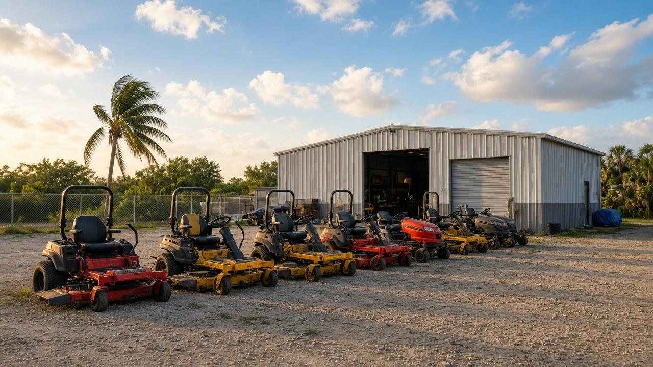 Mowers lined up at the Redland Mowers yard